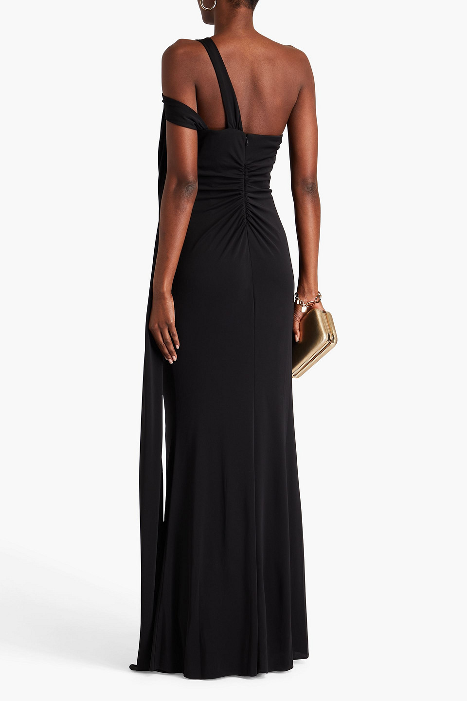 Shop Marchesa Notte One-shoulder Ruched Jersey Gown In Black