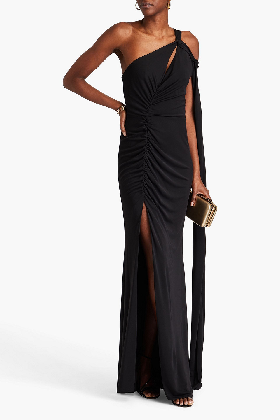 Marchesa Notte One-shoulder Ruched Jersey Gown In Black