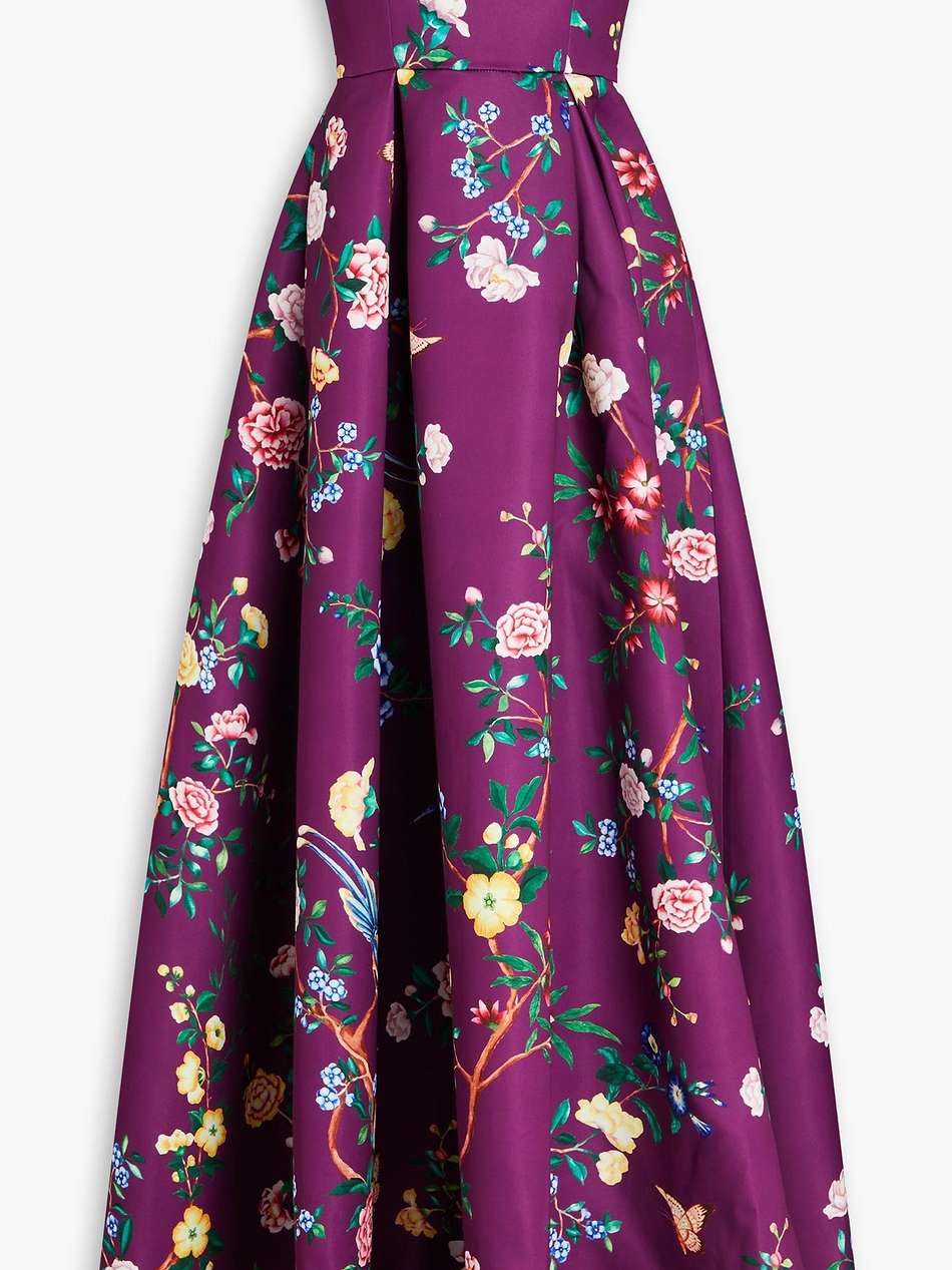 strapless embellished floral print satin gown