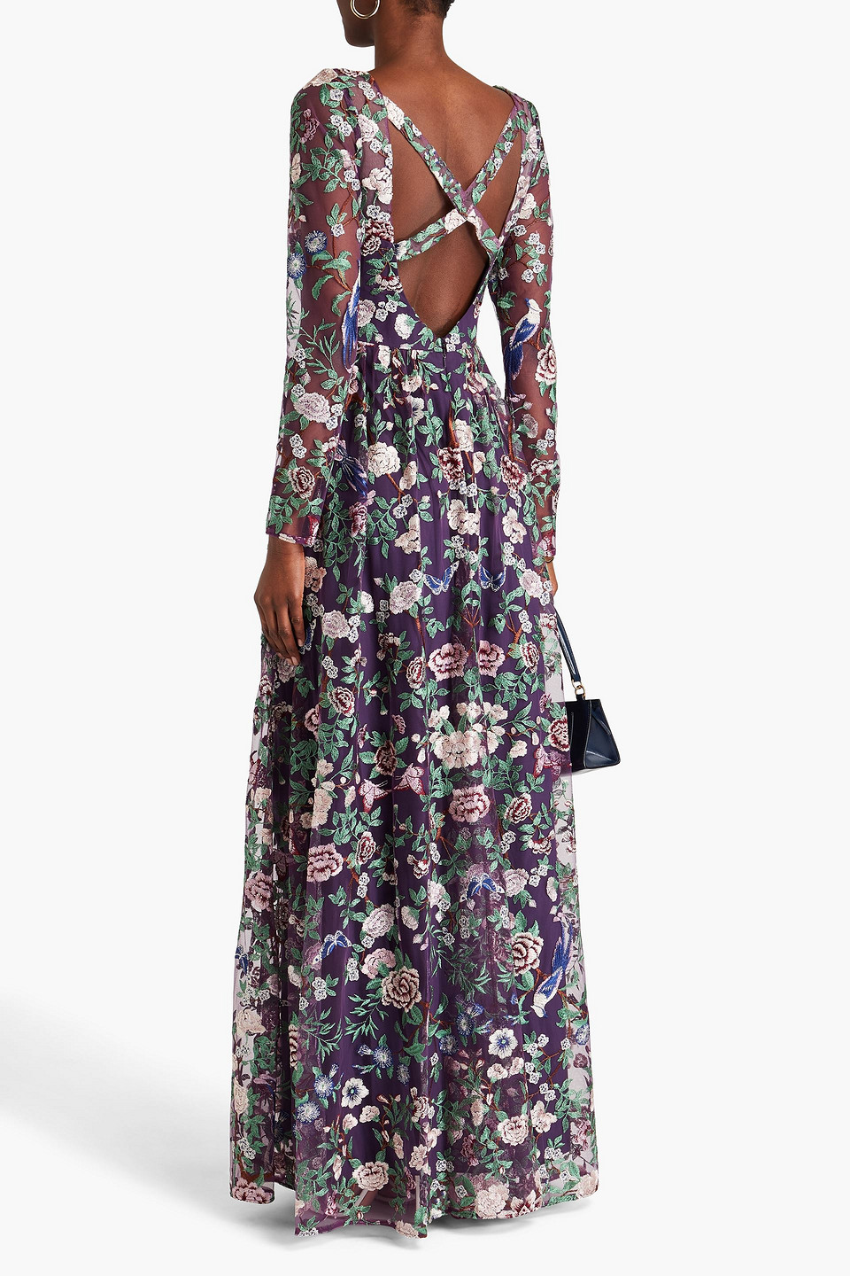 Marchesa Notte Botanical Embroidered Gown In Dark Purple