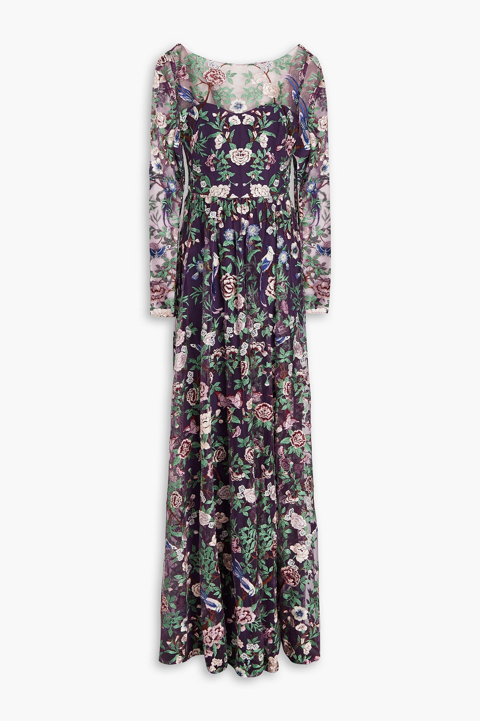 Marchesa Notte Botanical Embroidered Gown In Dark Purple