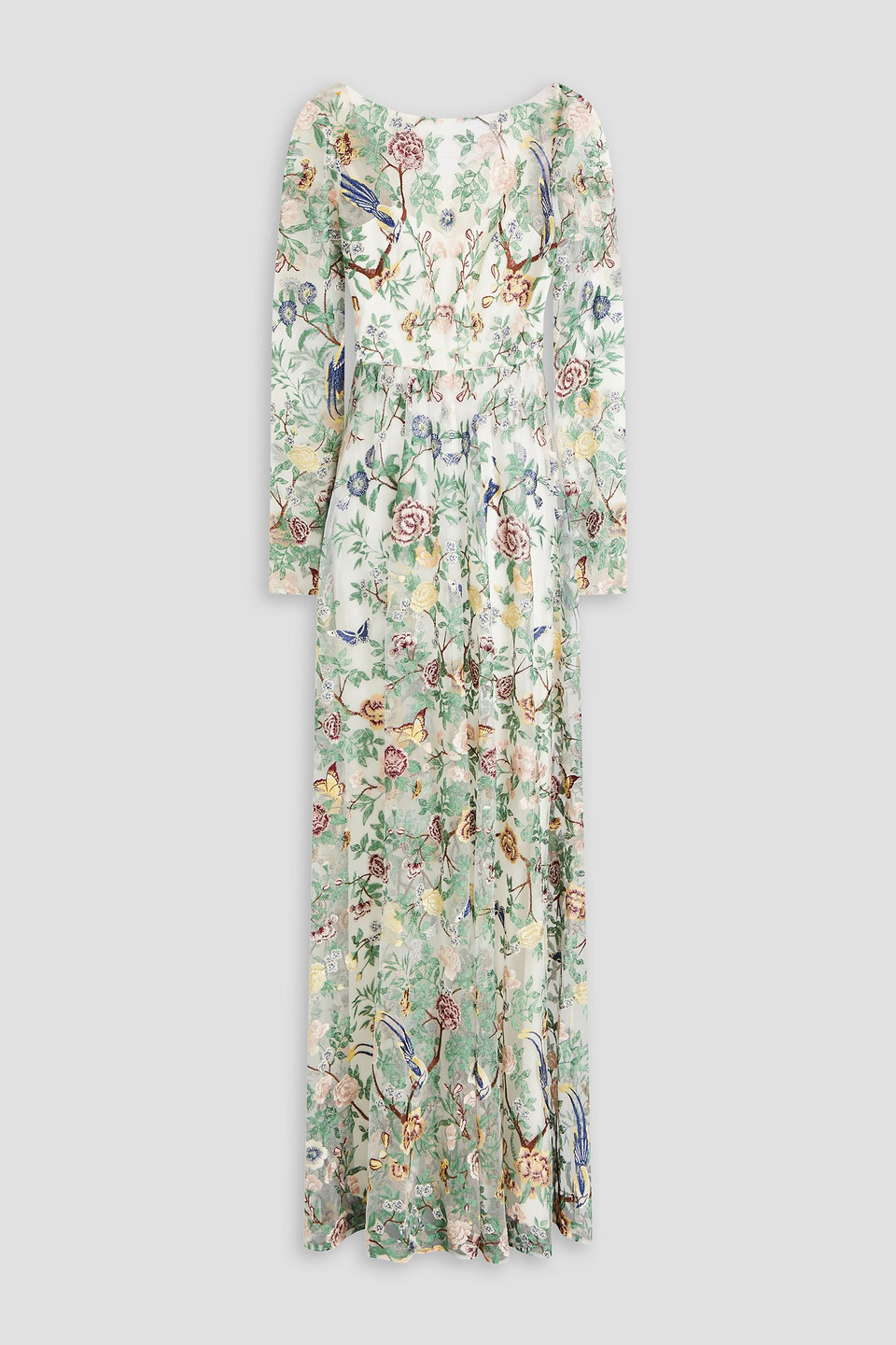Marchesa Notte Botanical Embroidered Gown In Grey Green