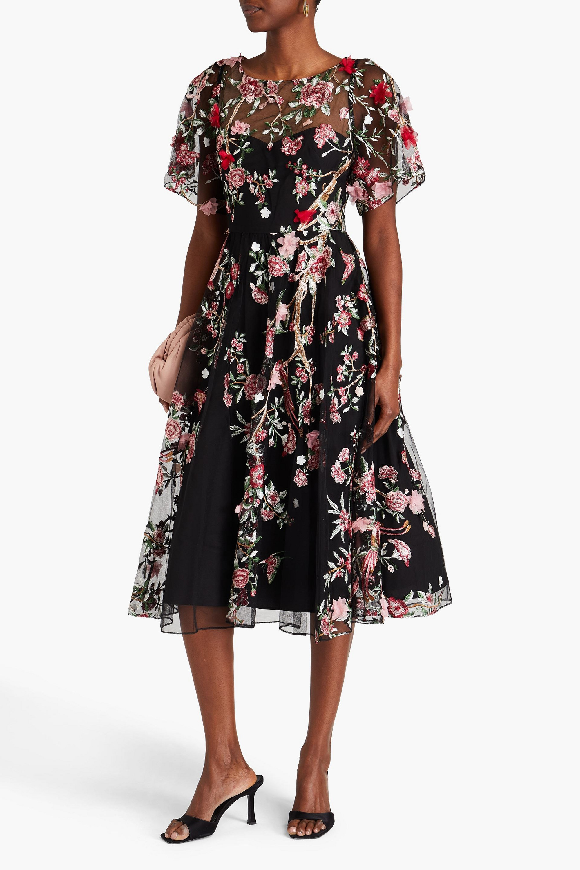 MARCHESA NOTTE Embroidered tulle midi dress