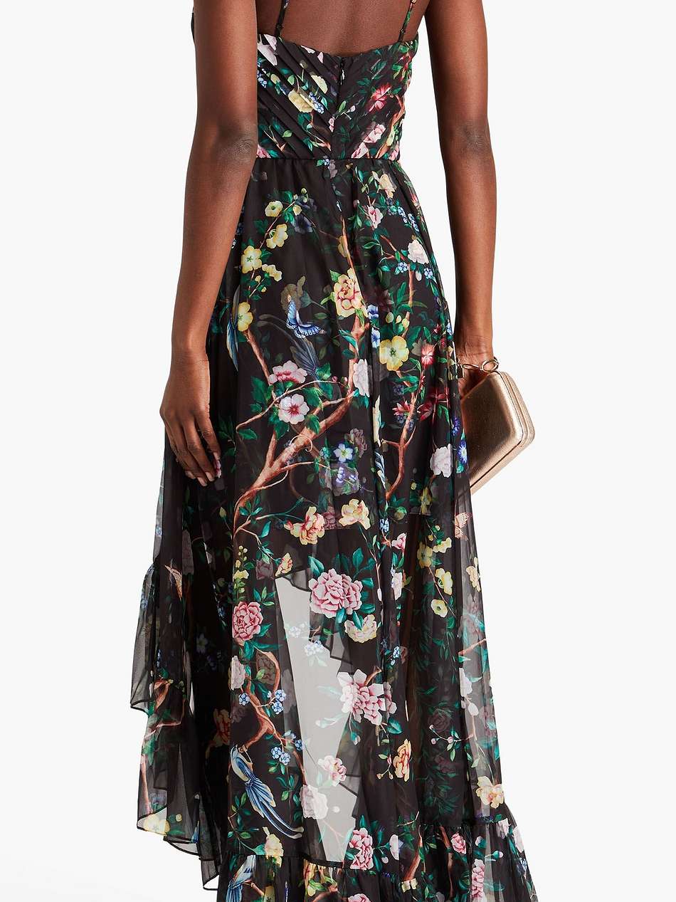 ruffled floral-print chiffon gown