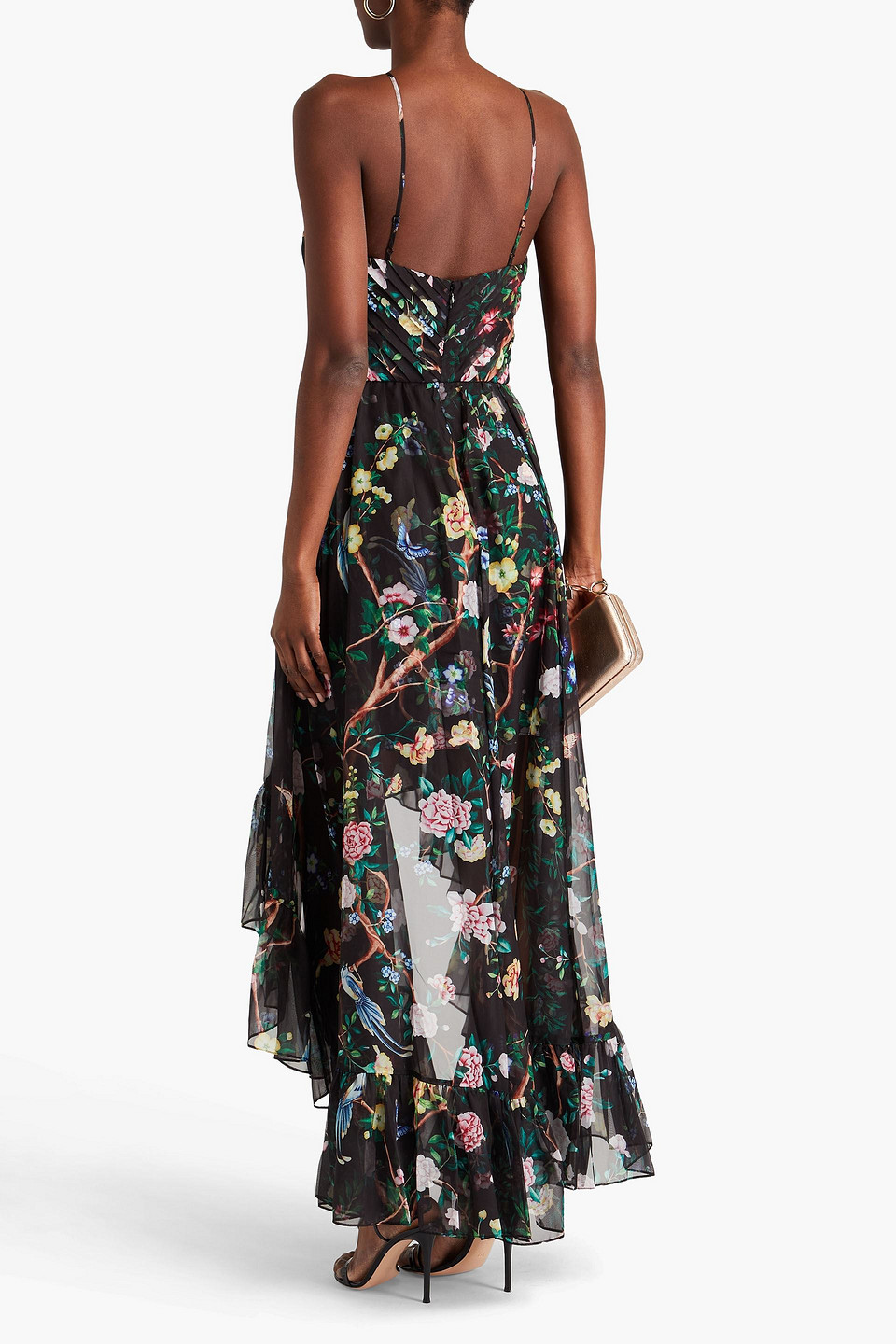 Shop Marchesa Notte Ruffled Floral-print Chiffon Gown In Black