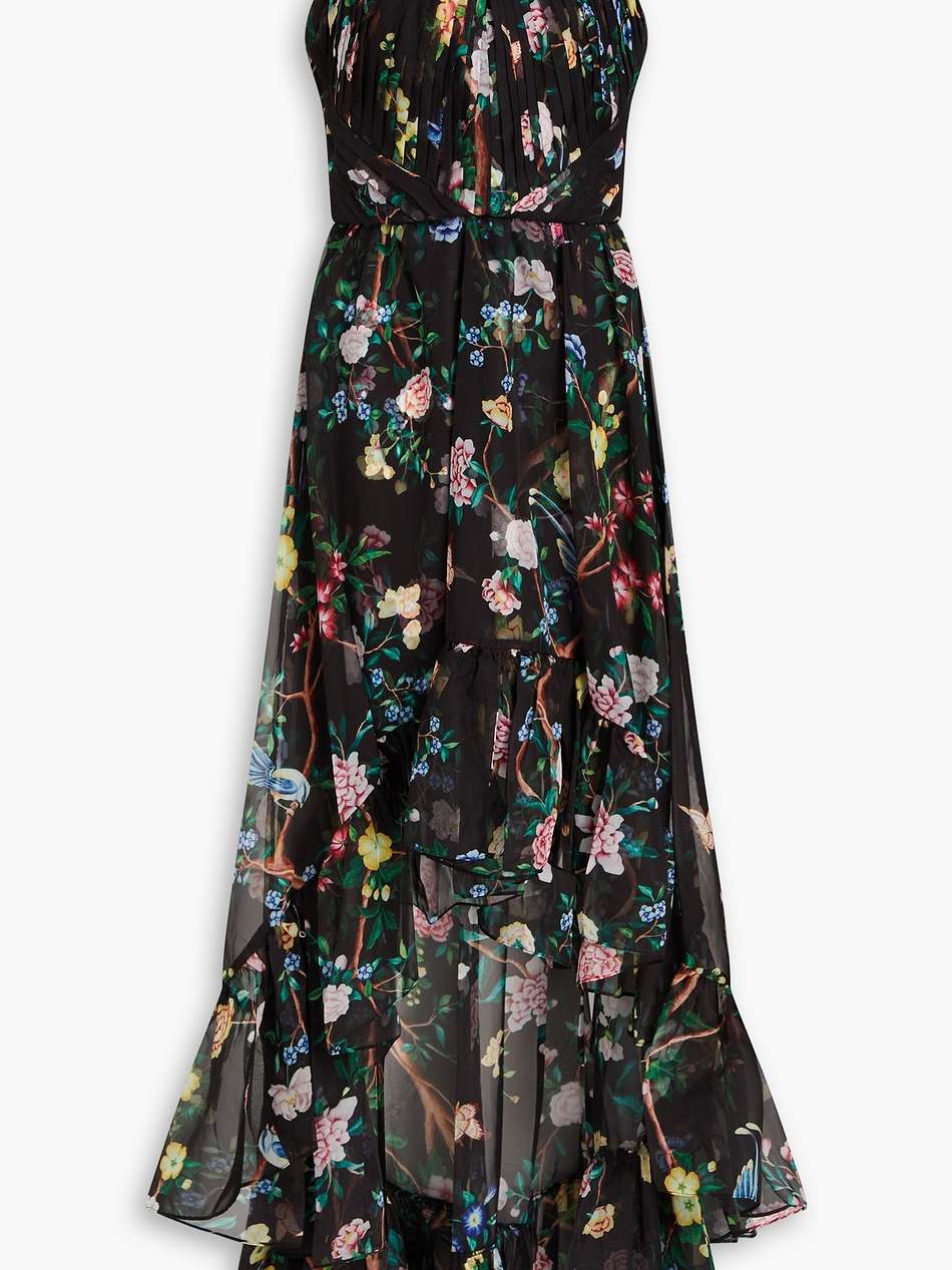 ruffled floral-print chiffon gown