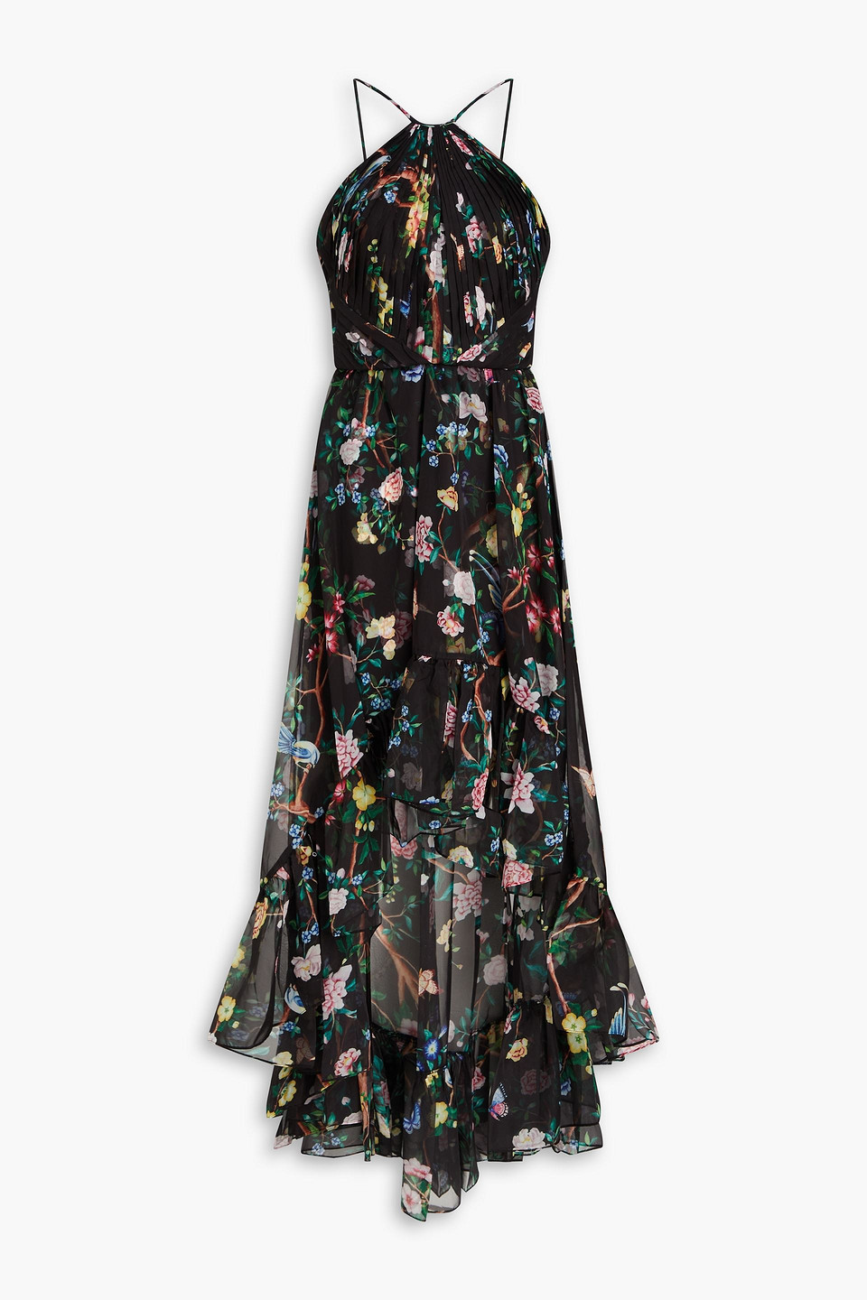 Marchesa Notte Ruffled Floral-print Chiffon Gown In Black