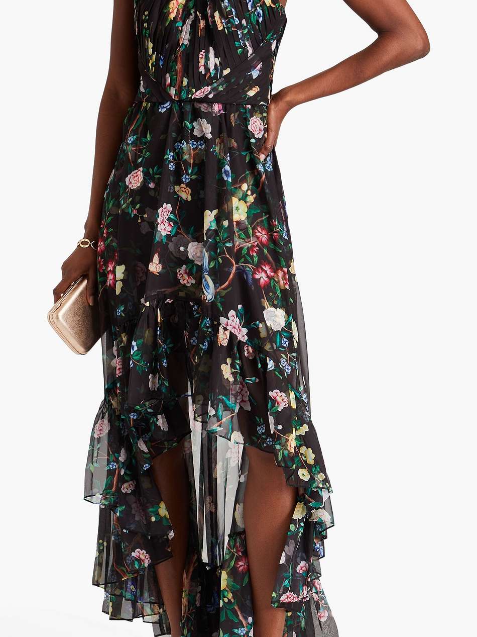 ruffled floral-print chiffon gown