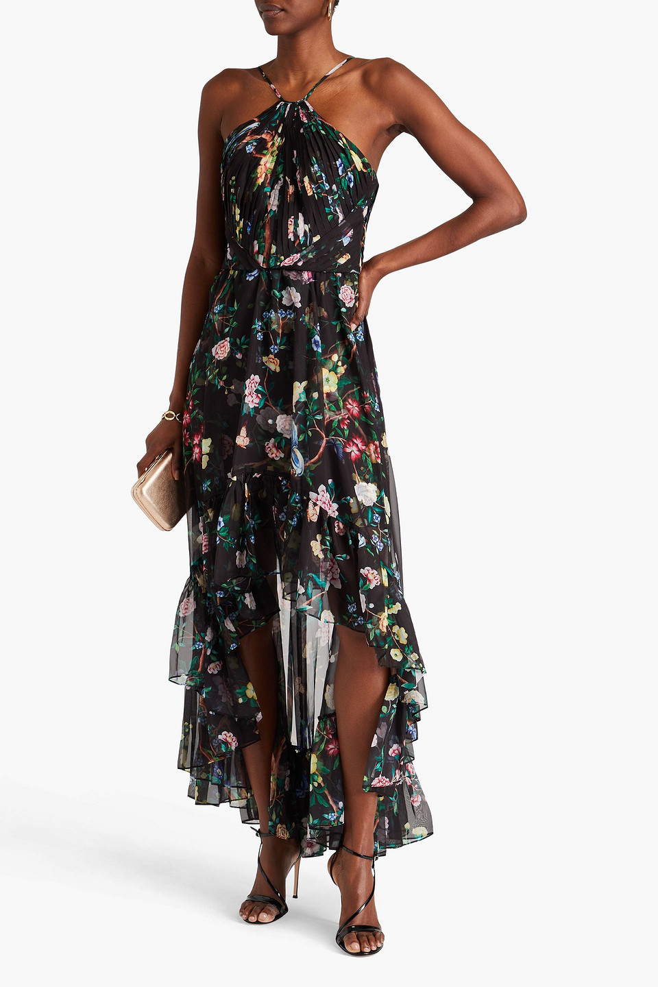 Shop Marchesa Notte Ruffled Floral-print Chiffon Gown In Black