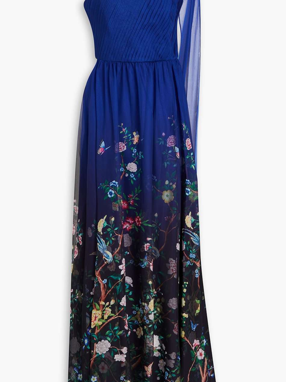 one-shoulder floral-print chiffon gown