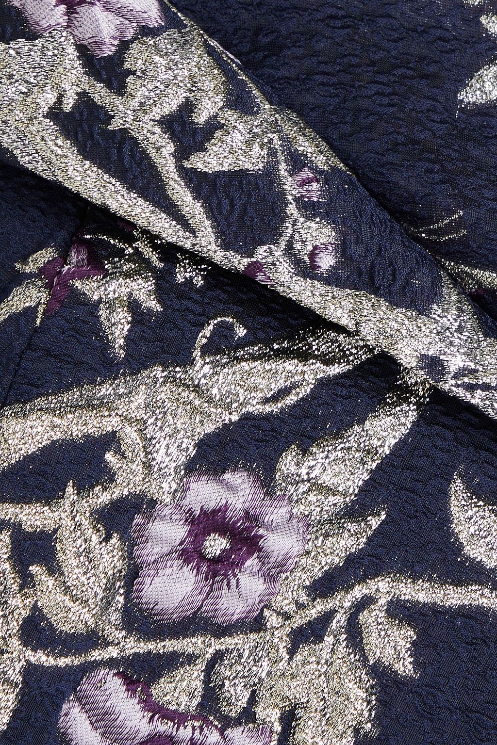 MARCHESA NOTTE 원 숄더 메탈릭 클로케 자카드 미디 드레스