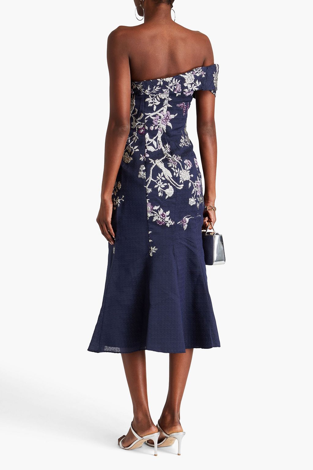 MARCHESA NOTTE 원 숄더 메탈릭 클로케 자카드 미디 드레스