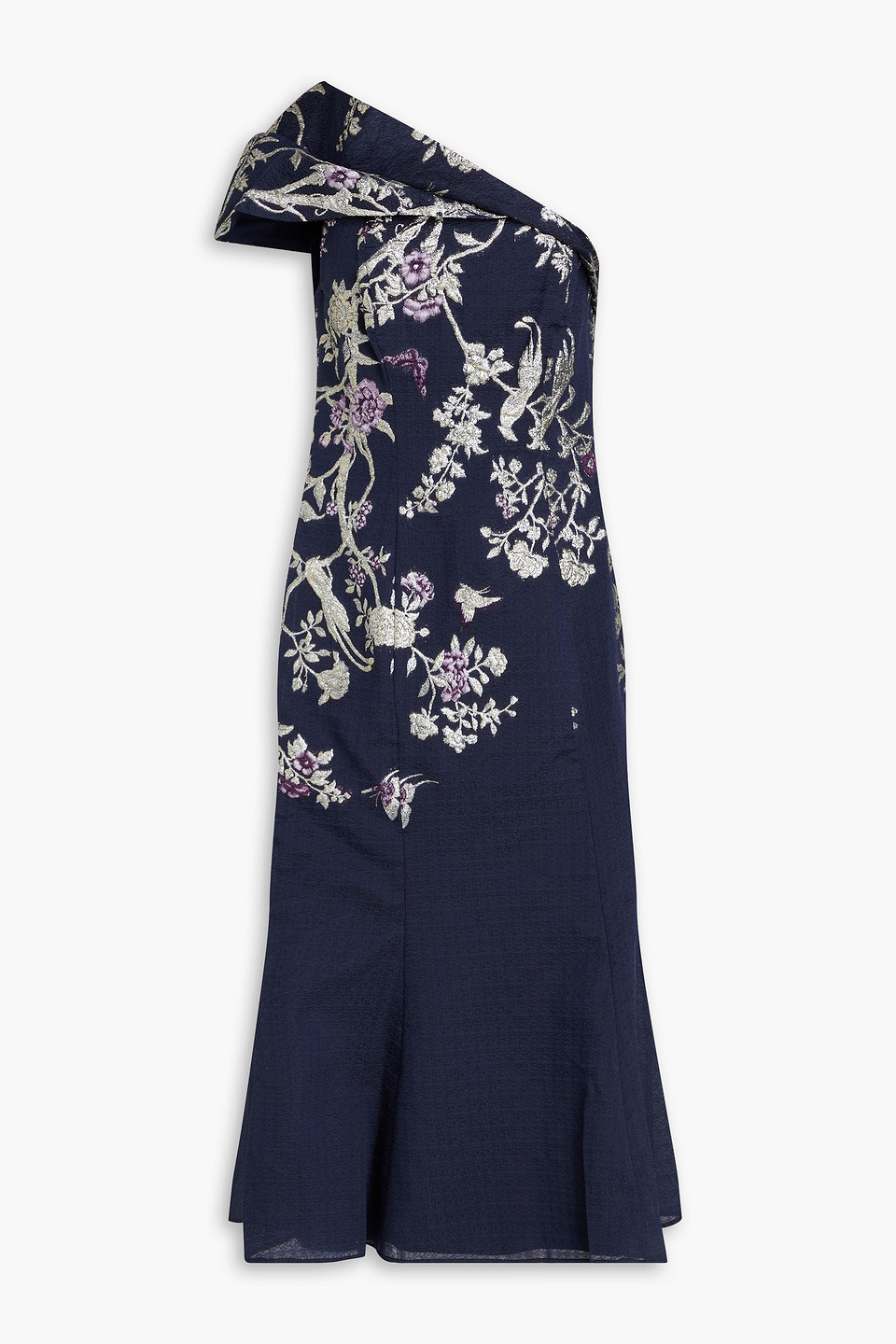 Marchesa Notte One Shoulder Gilded Midi Dress In Navy