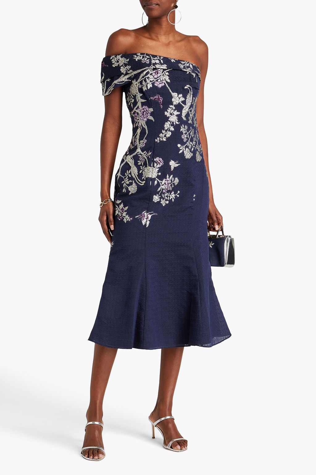 MARCHESA NOTTE 원 숄더 메탈릭 클로케 자카드 미디 드레스