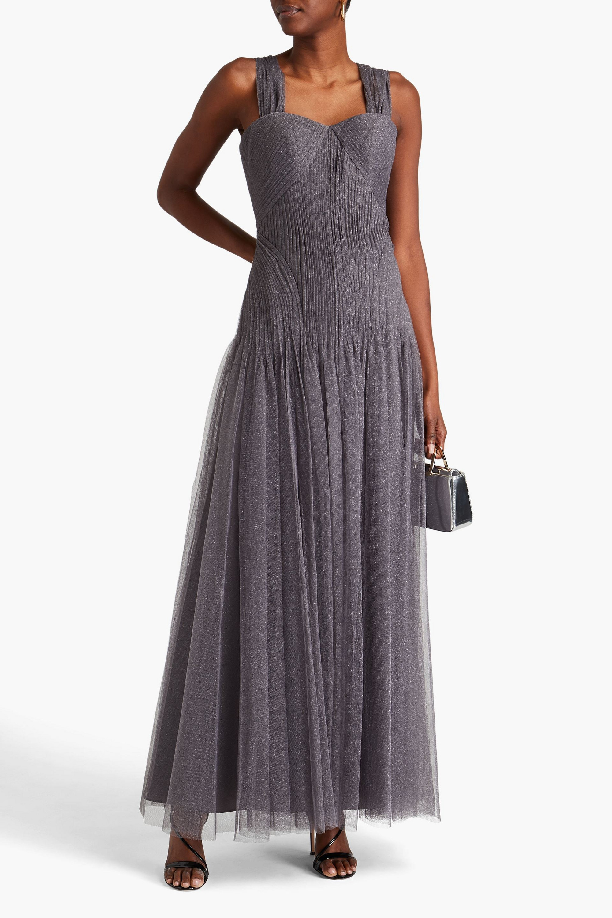 ZAC POSEN Pintucked metallic tulle gown