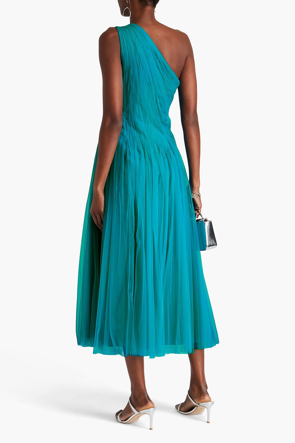 ZAC POSEN فستان متوسط الطول مصنوع من التول بثنيات رفيعة وبتصميم كتف واحد