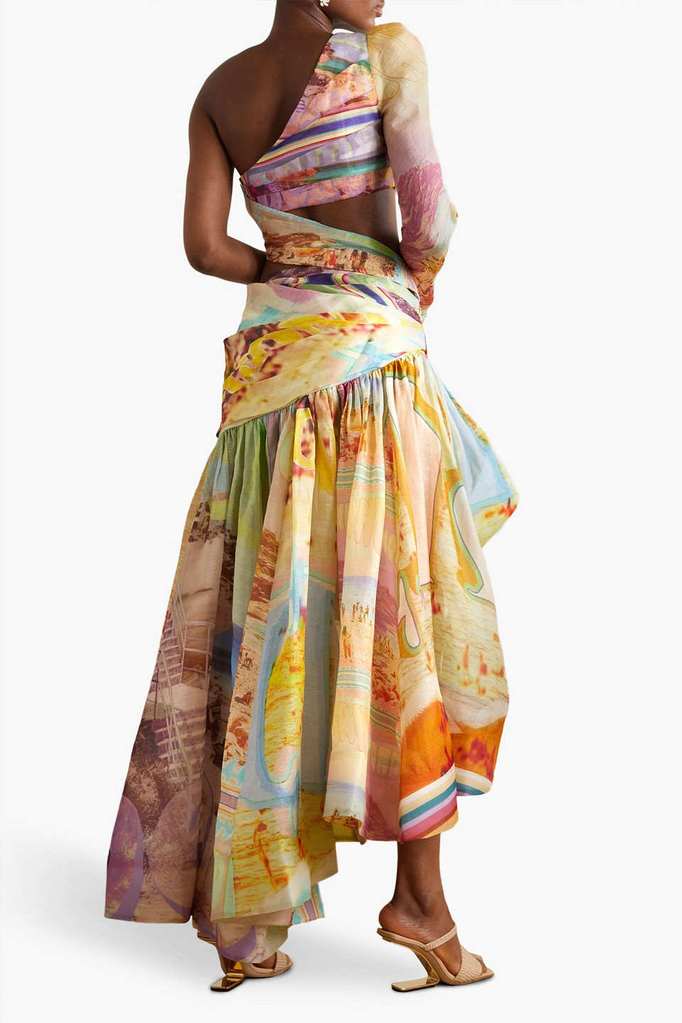 Zimmermann One-sleeve Asymmetric Cutout Linen And Silk-blend Organza Maxi Dress In Yellow