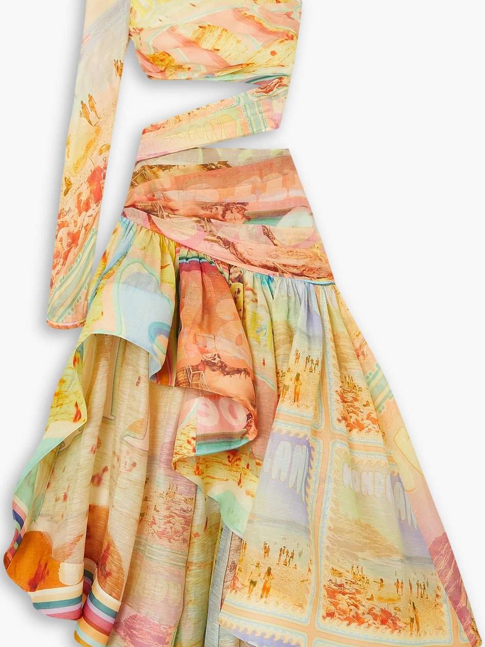 one-sleeve asymmetric cutout linen and silk-blend organza maxi dress