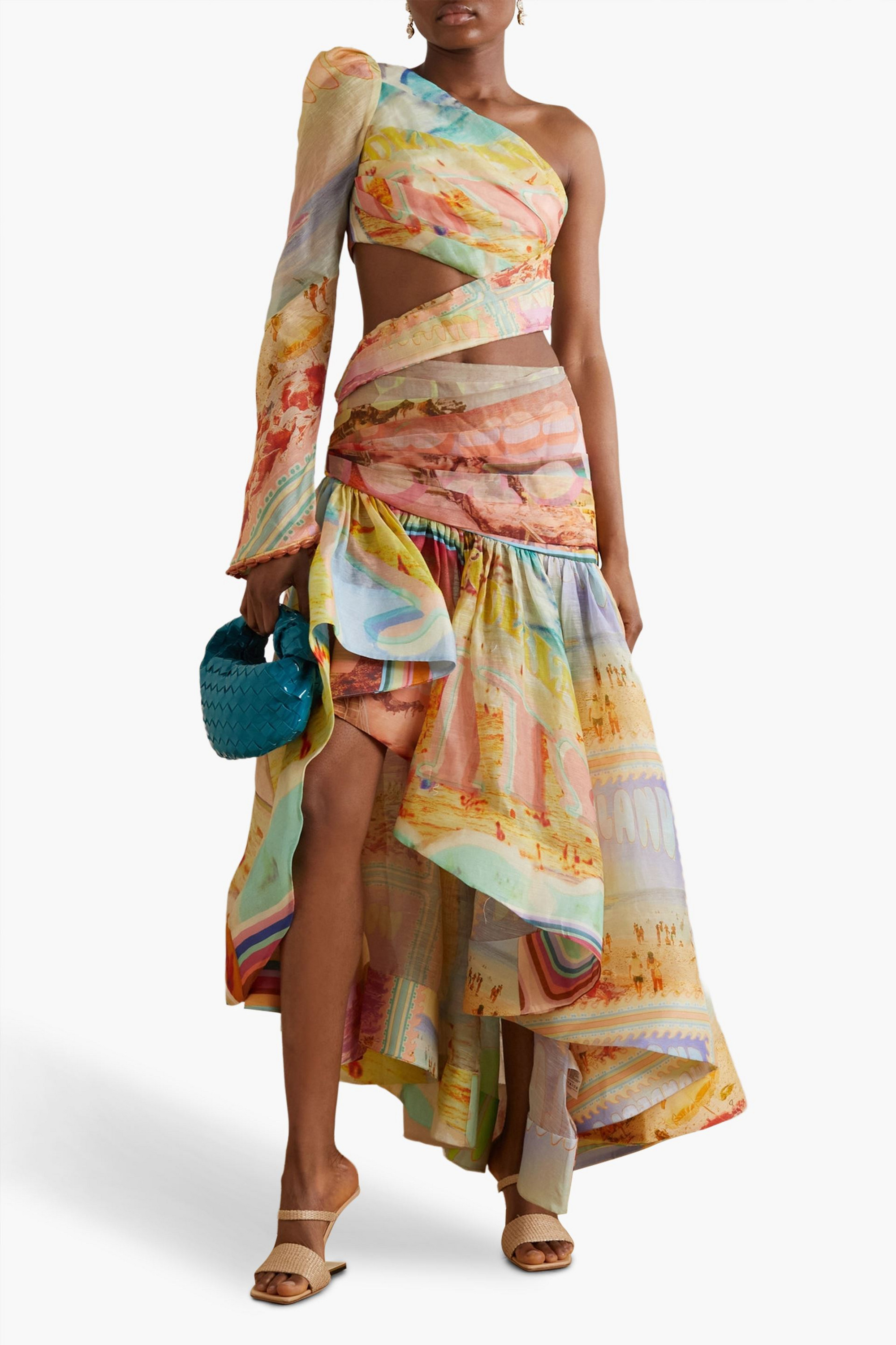 Zimmermann One-sleeve asymmetric cutout linen and silk-blend organza maxi dress