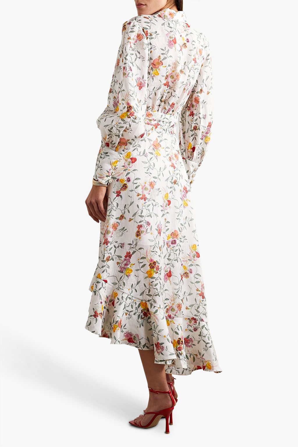 ZIMMERMANN Asymmetric ruffled floral-print linen midi wrap dress