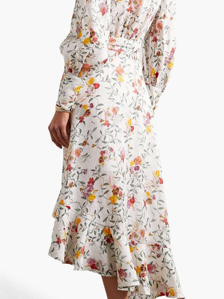 asymmetric ruffled floral-print linen midi wrap dress