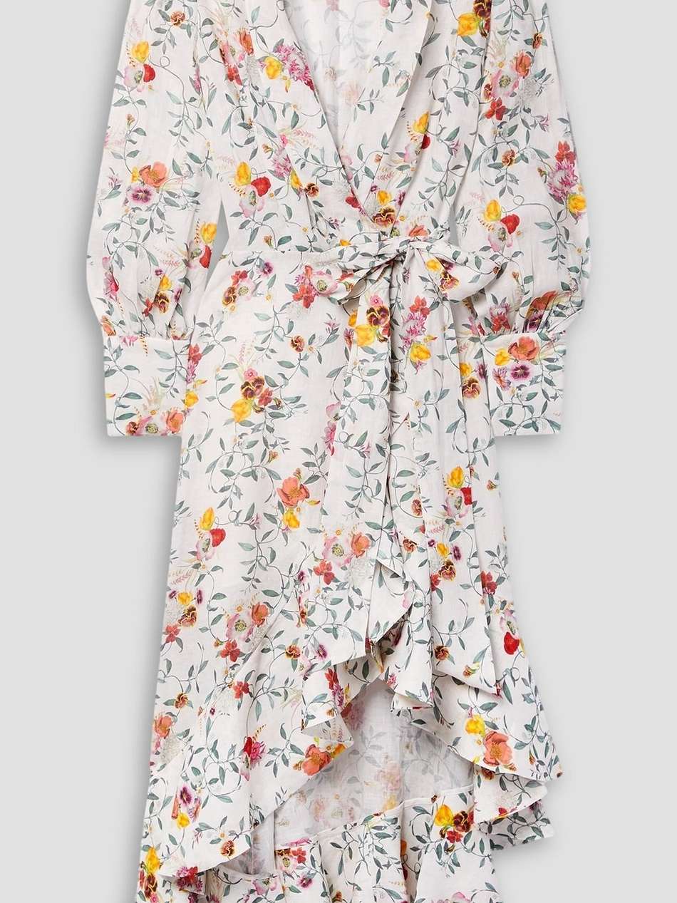 asymmetric ruffled floral-print linen midi wrap dress