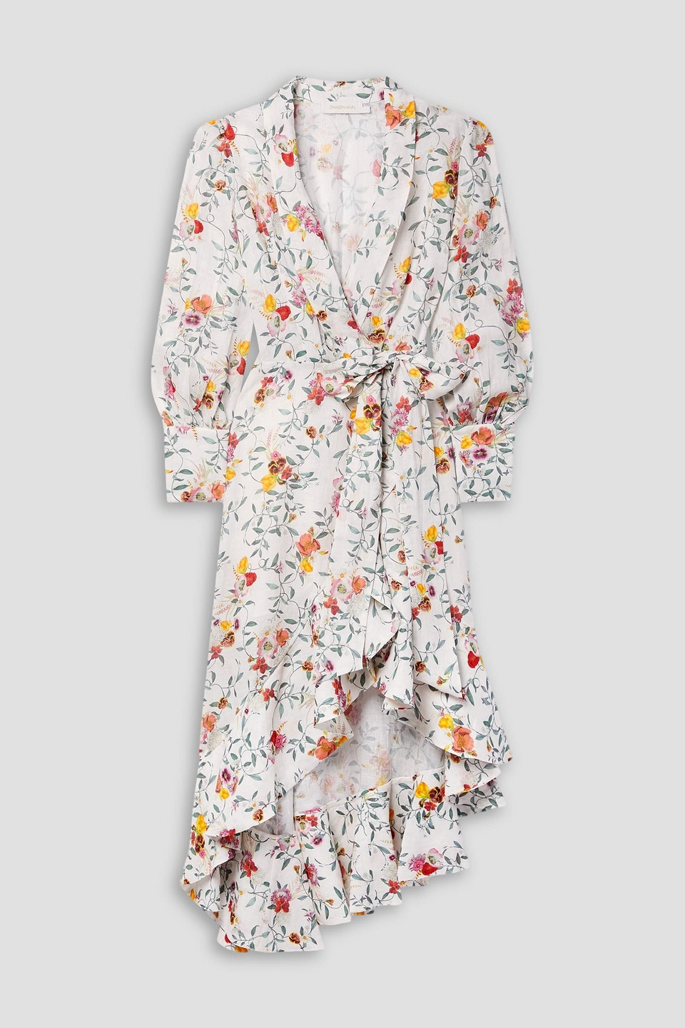 Zimmermann Asymmetric Ruffled Floral-print Linen Midi Wrap Dress In White