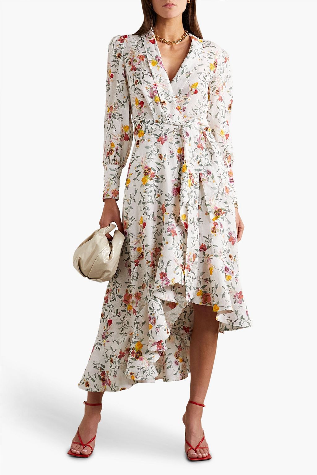 ZIMMERMANN Asymmetric ruffled floral-print linen midi wrap dress
