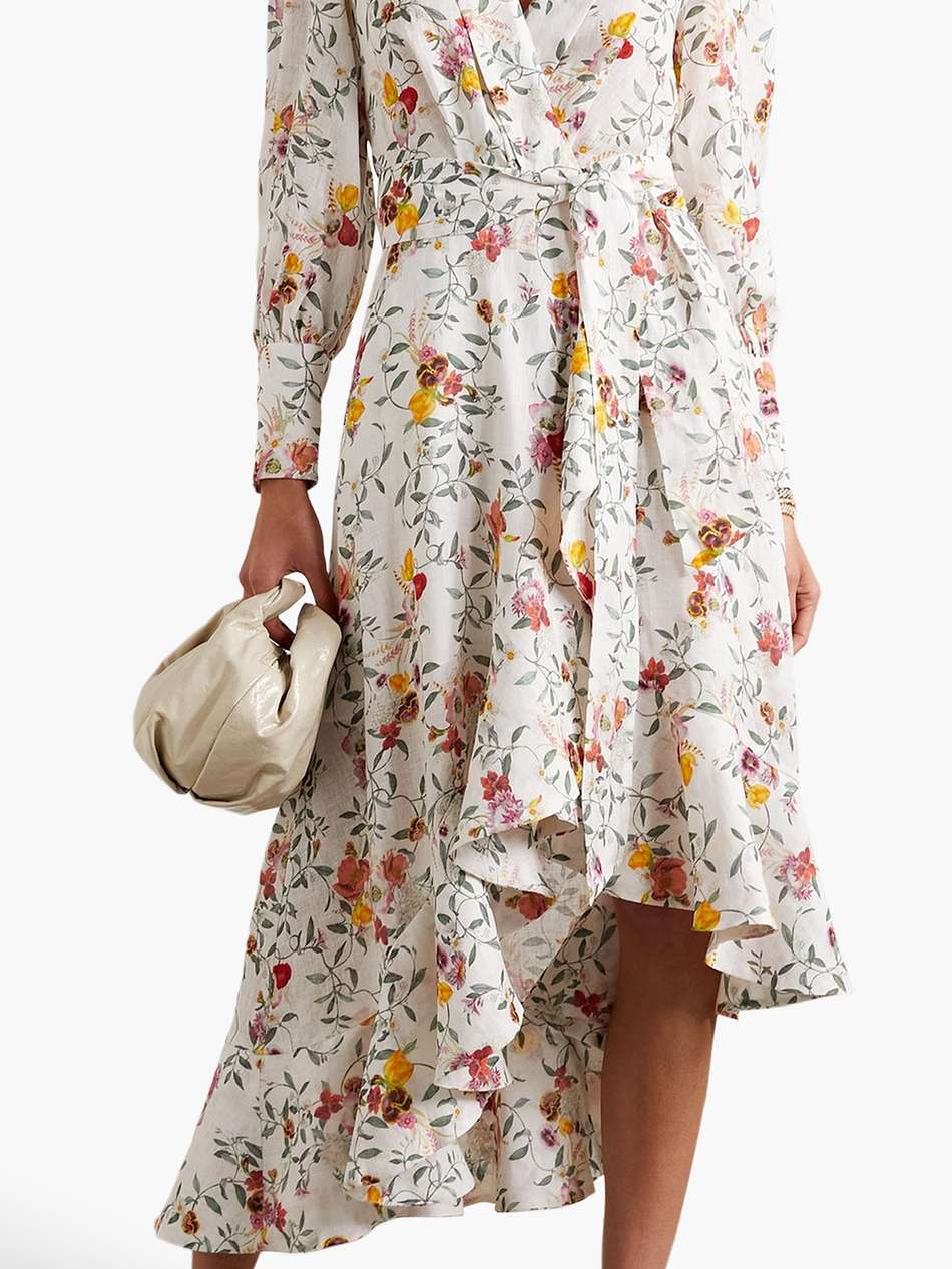 asymmetric ruffled floral-print linen midi wrap dress
