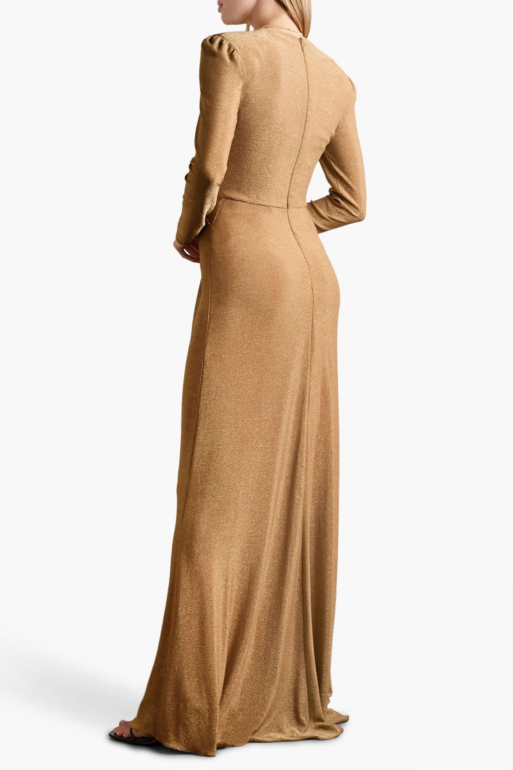 MONIQUE LHUILLIER 트위스트 프런트 메탈릭 스트레치 저지 가운