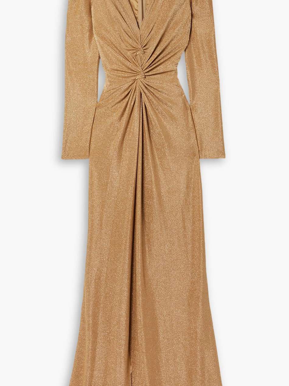 twist-front metallic stretch-jersey gown