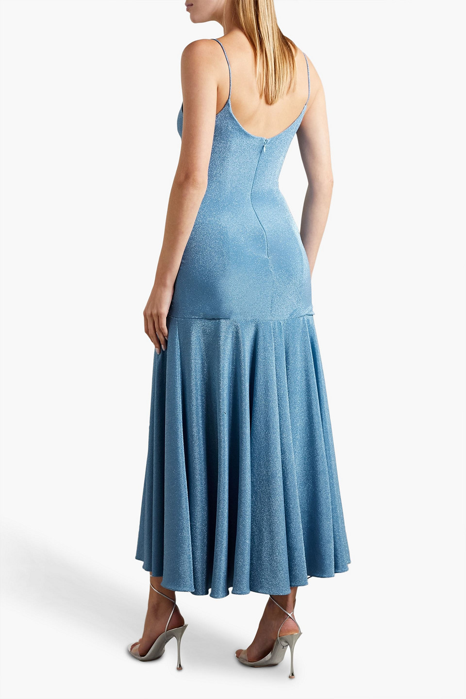 Shop Monique Lhuillier Crystal-embellished Ruched Metallic Stretch-jersey Maxi Dress In Light Blue