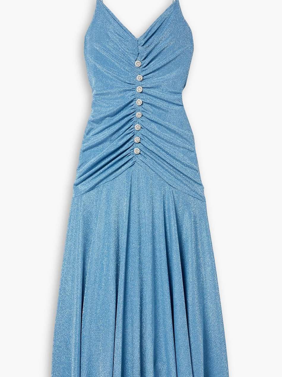 crystal-embellished ruched metallic stretch-jersey maxi dress