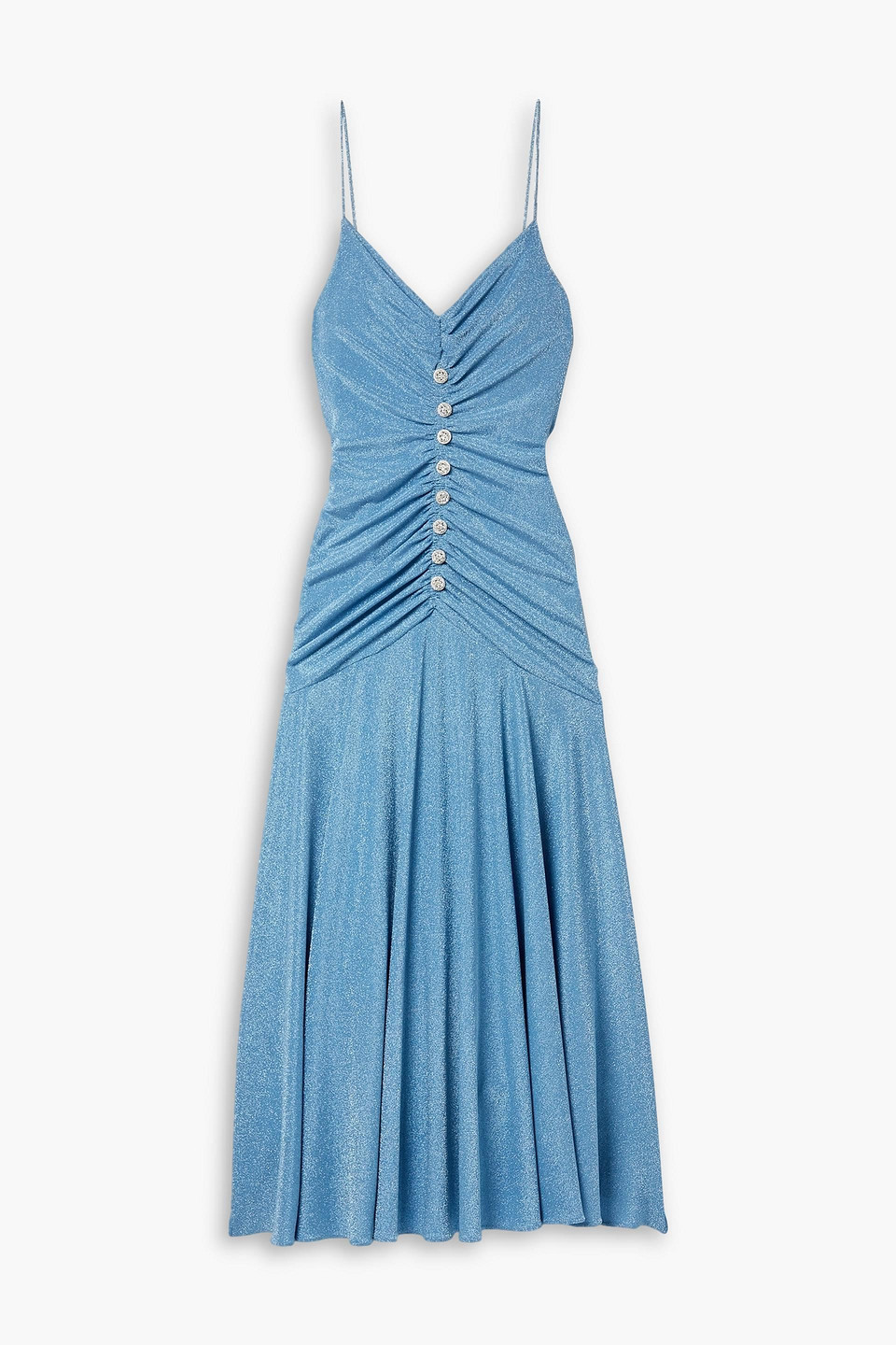 Crystal-embellished ruched metallic stretch-jersey maxi dress