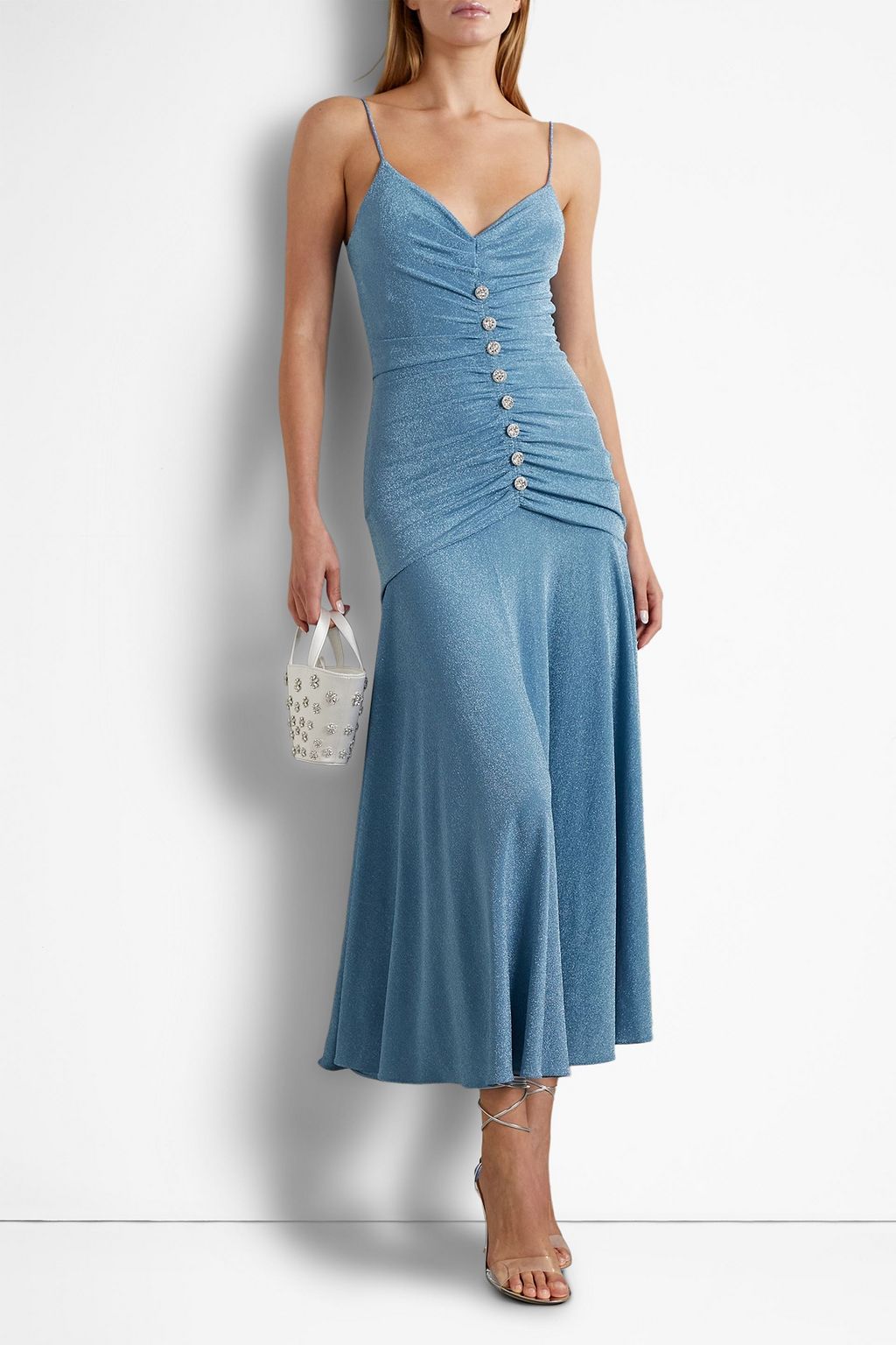 MONIQUE LHUILLIER Crystal-embellished ruched metallic stretch-jersey maxi dress