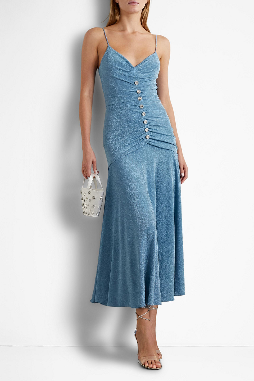 Shop Monique Lhuillier Crystal-embellished Ruched Metallic Stretch-jersey Maxi Dress In Light Blue