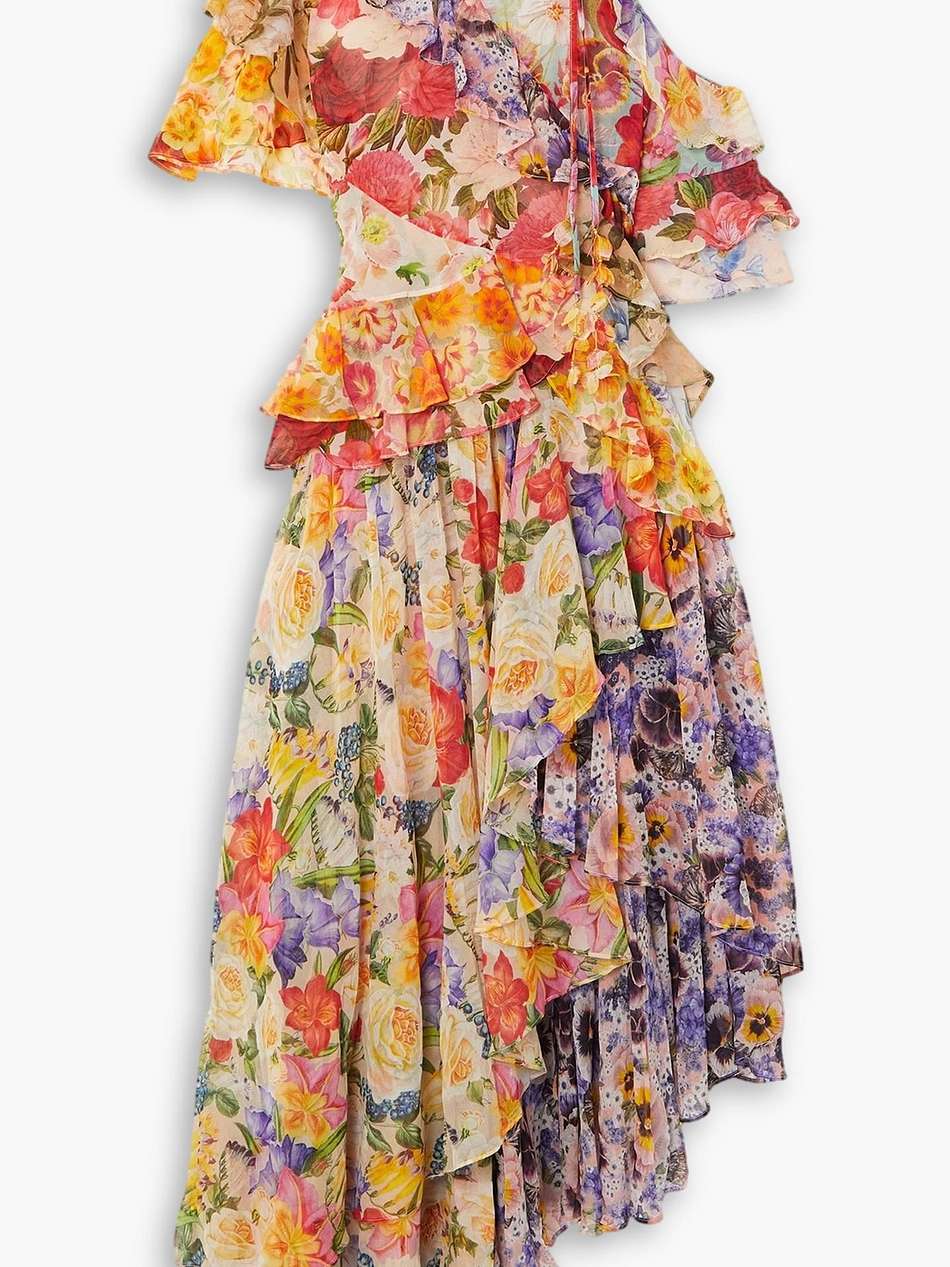 tiered floral-print gauze dress