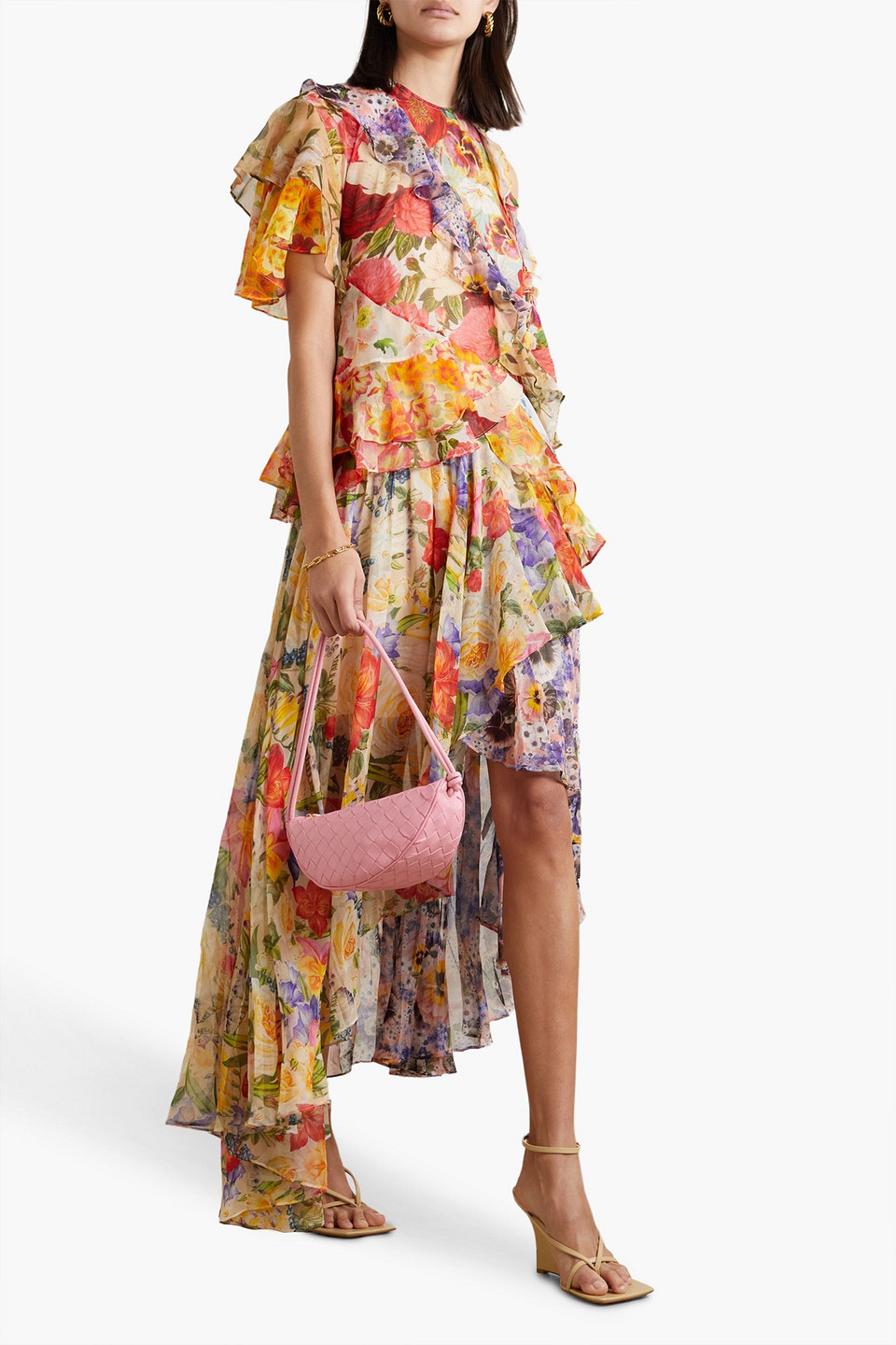 Shop Zimmermann Tiered Floral-print Gauze Dress In Saffron