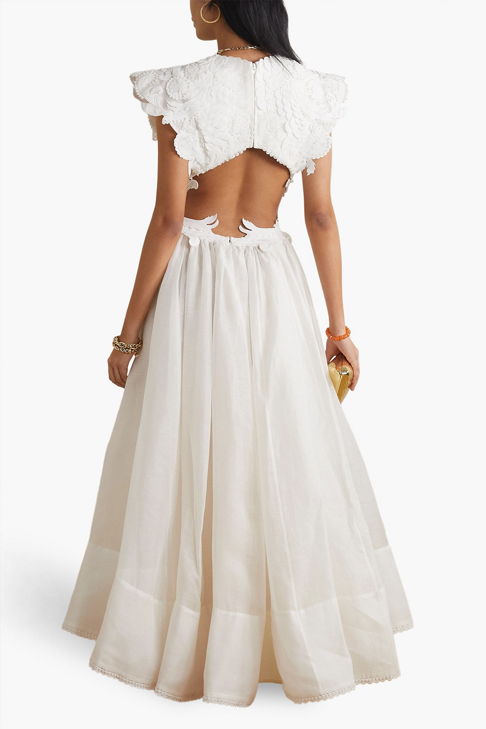 ZIMMERMANN ASYMMETRIC EMBELLISHED CUTOUT LINEN AND SILK-BLEND GOWN