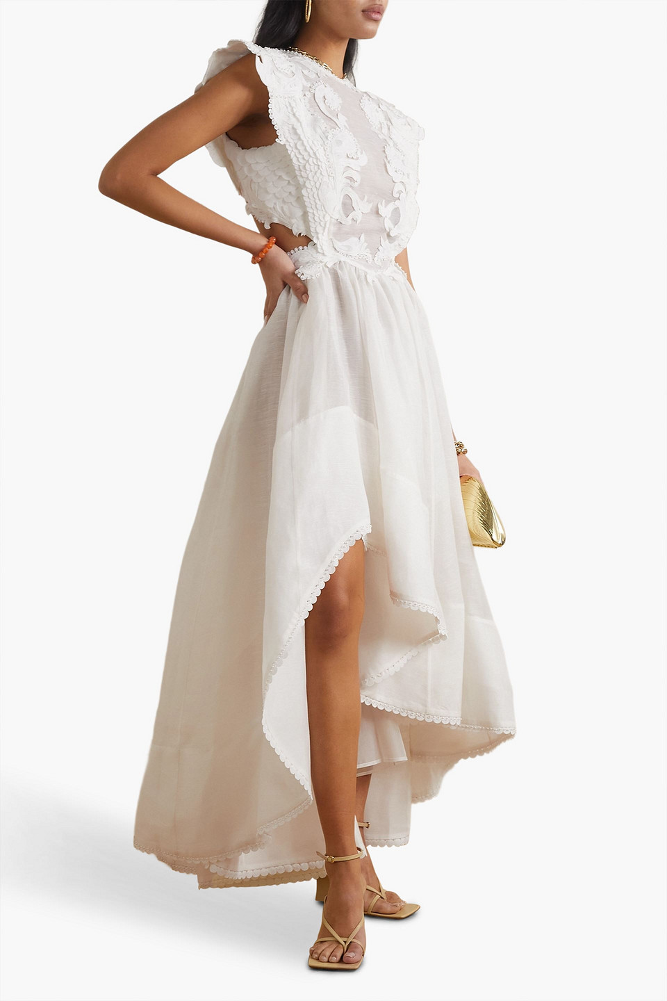 ZIMMERMANN ASYMMETRIC EMBELLISHED CUTOUT LINEN AND SILK-BLEND GOWN