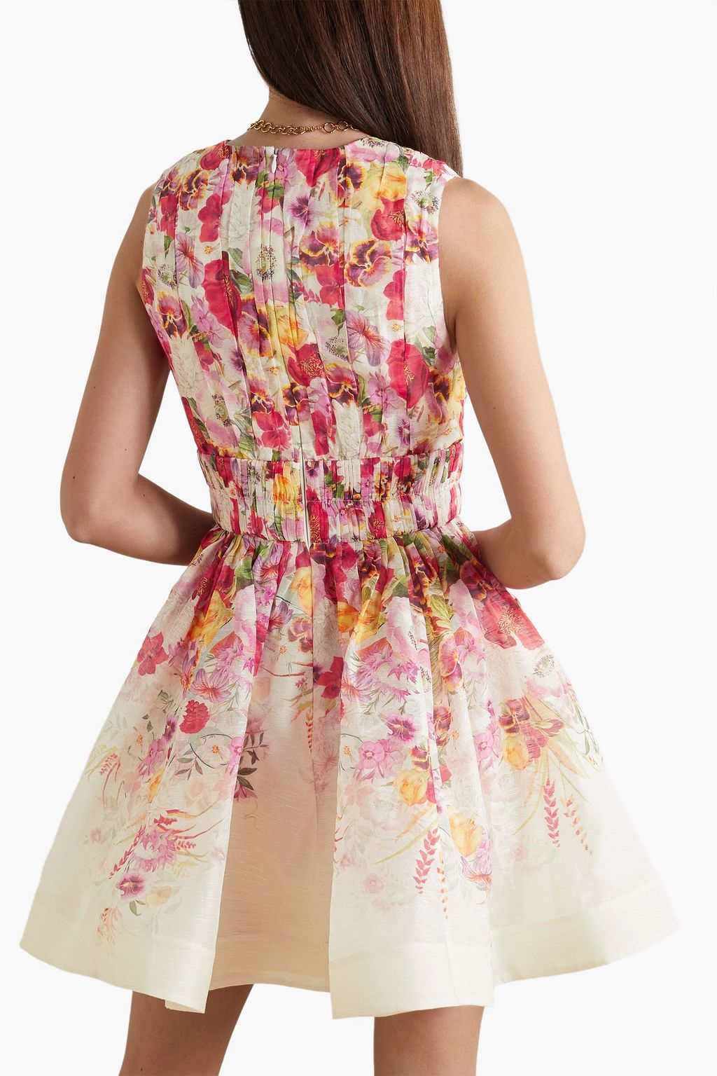 ZIMMERMANN Pleated floral-print linen and silk-blend organza mini dress