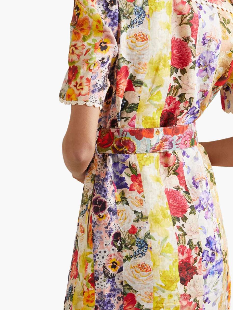belted floral-print linen mini shirt dress
