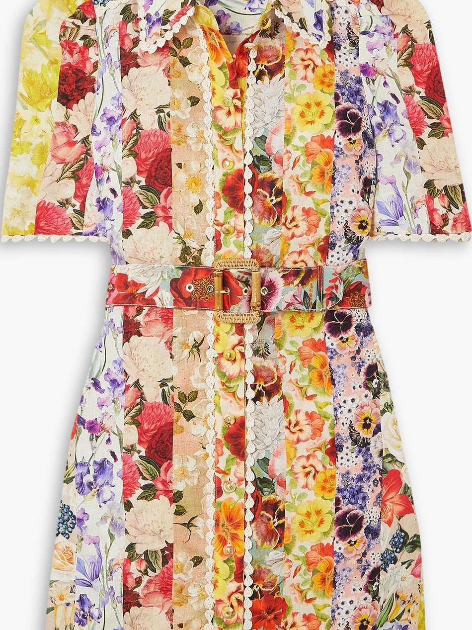 belted floral-print linen mini shirt dress