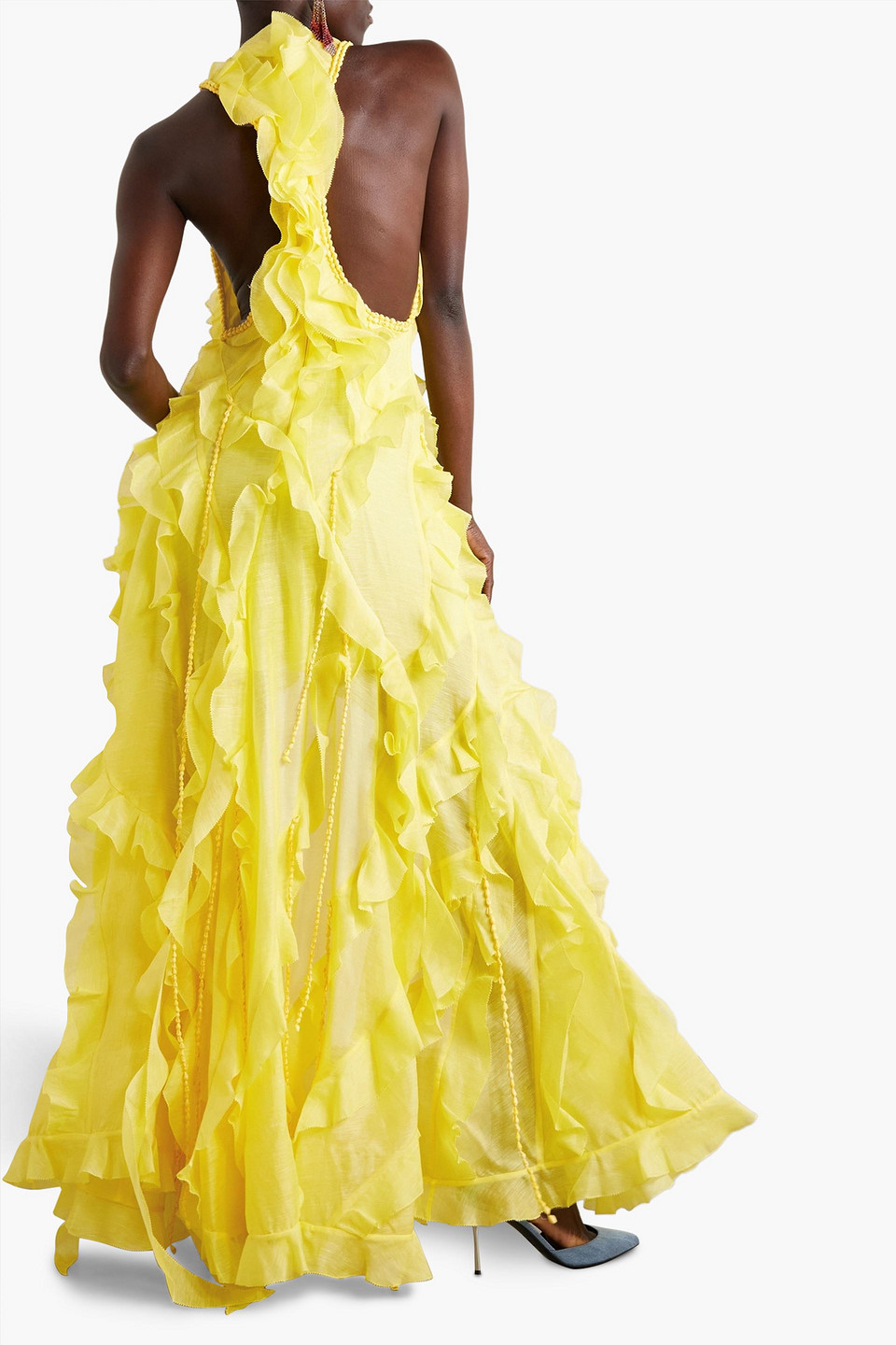 Zimmermann Embellished Ruffled Linen And Silk-blend Gauze Gown In Yellow