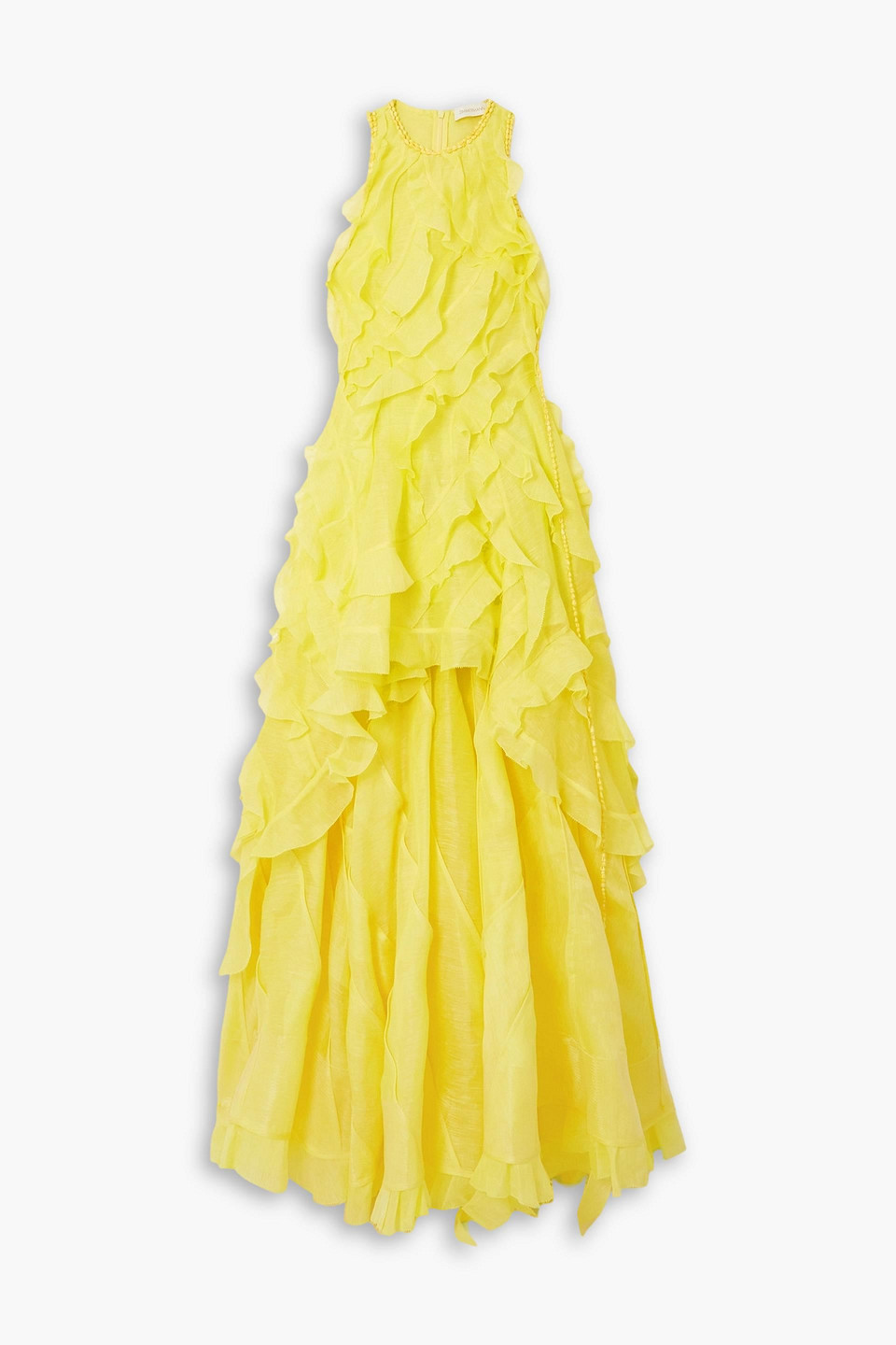 Zimmermann Embellished Ruffled Linen And Silk-blend Gauze Gown In Yellow