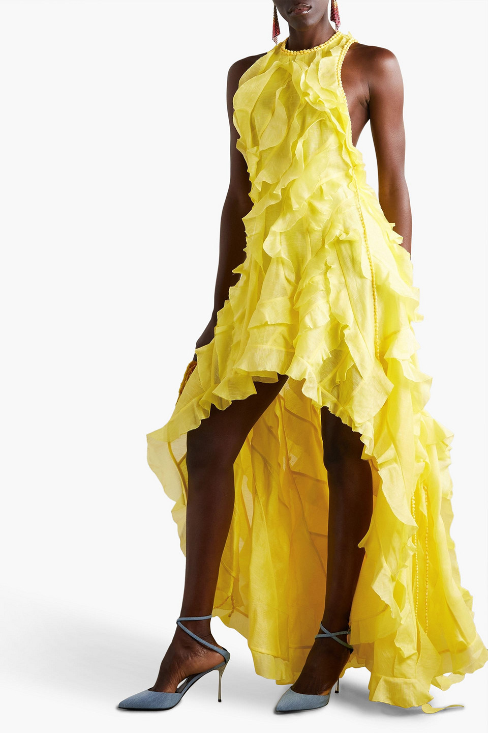 Shop Zimmermann Embellished Ruffled Linen And Silk-blend Gauze Gown In Yellow