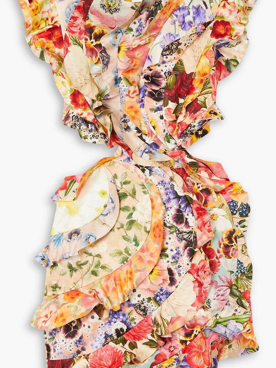 open-back ruffled floral-print linen and silk-blend mini dress