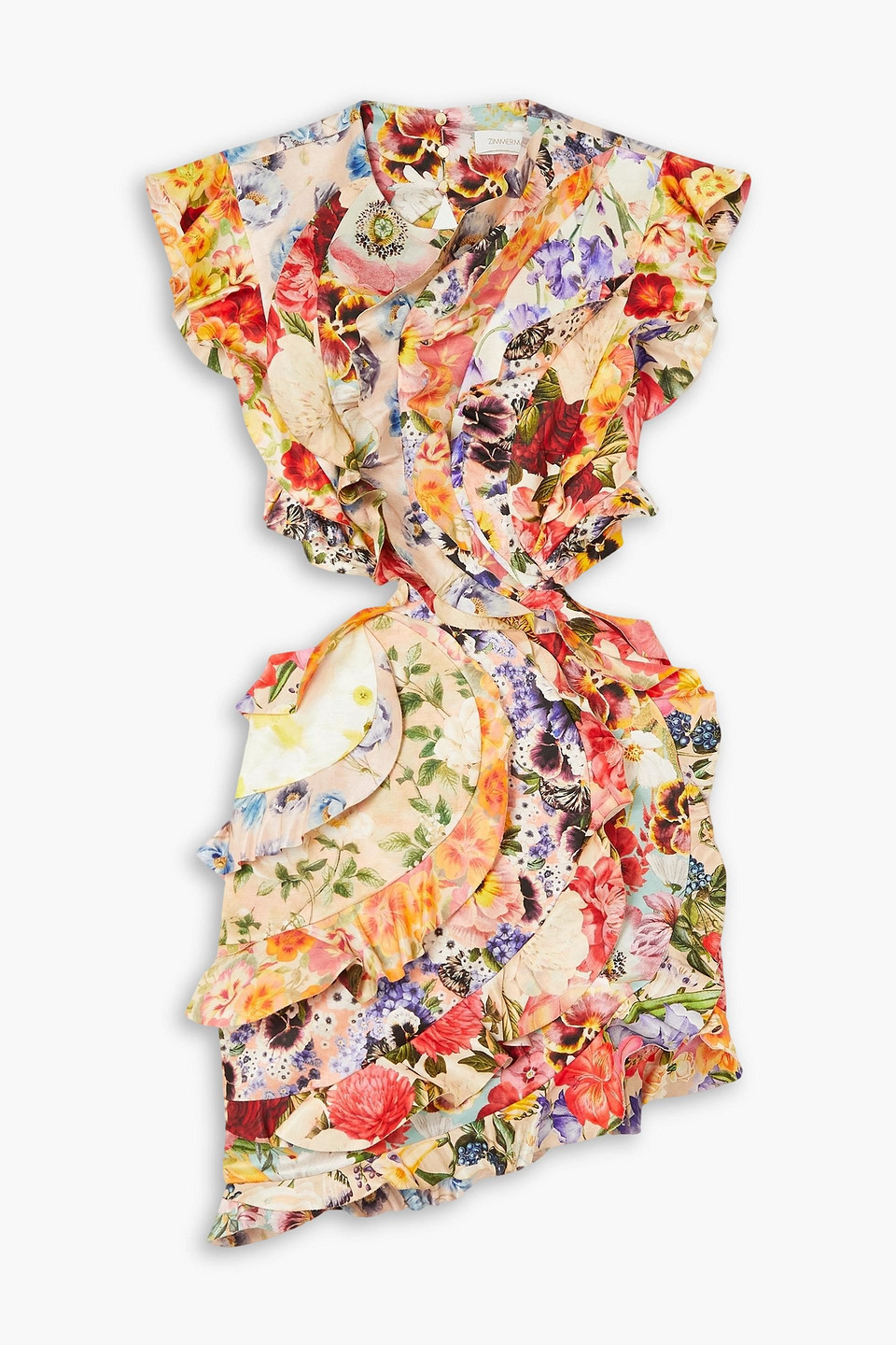 Zimmermann Open Back Ruffled Floral-print Linen And Silk-blend Mini Dress In Pastel Orange