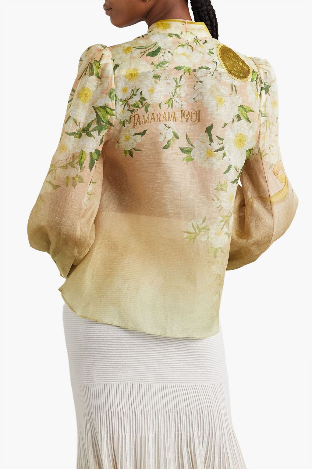 ZIMMERMANN Floral-appliquéd printed linen and silk-blend blouse