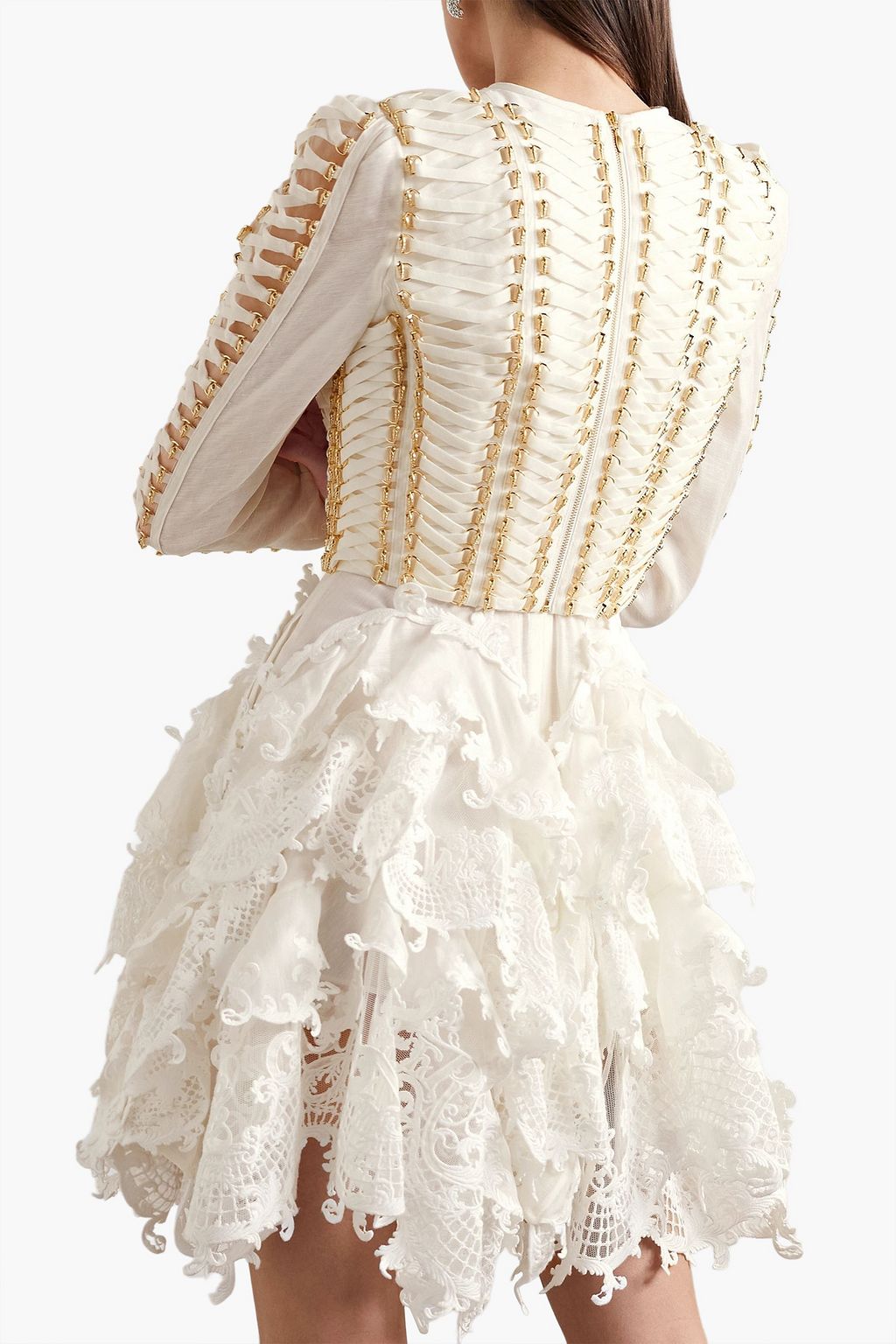ZIMMERMANN Ruffled lace-paneled embellished linen and silk-blend mini dress